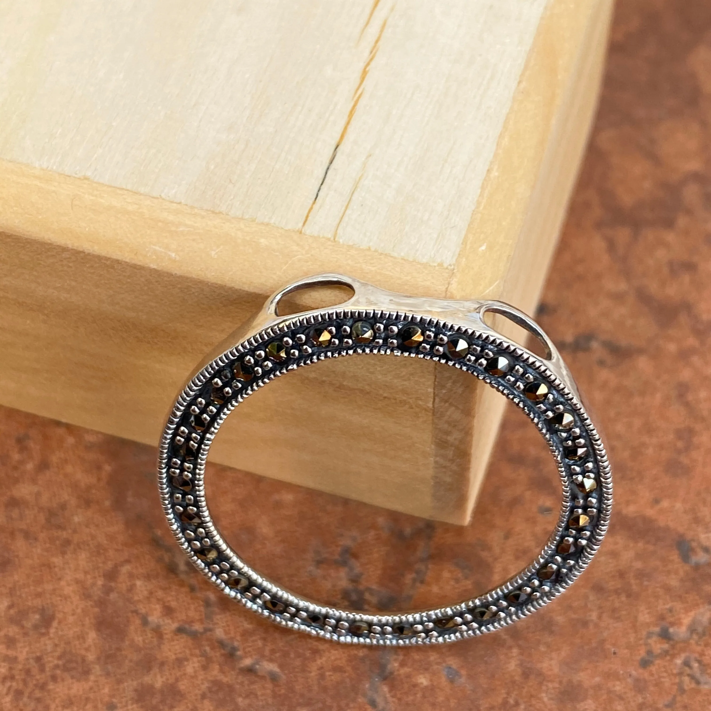 Sterling Silver Antiqued Black Marcasite Open Circle Pendant Slide