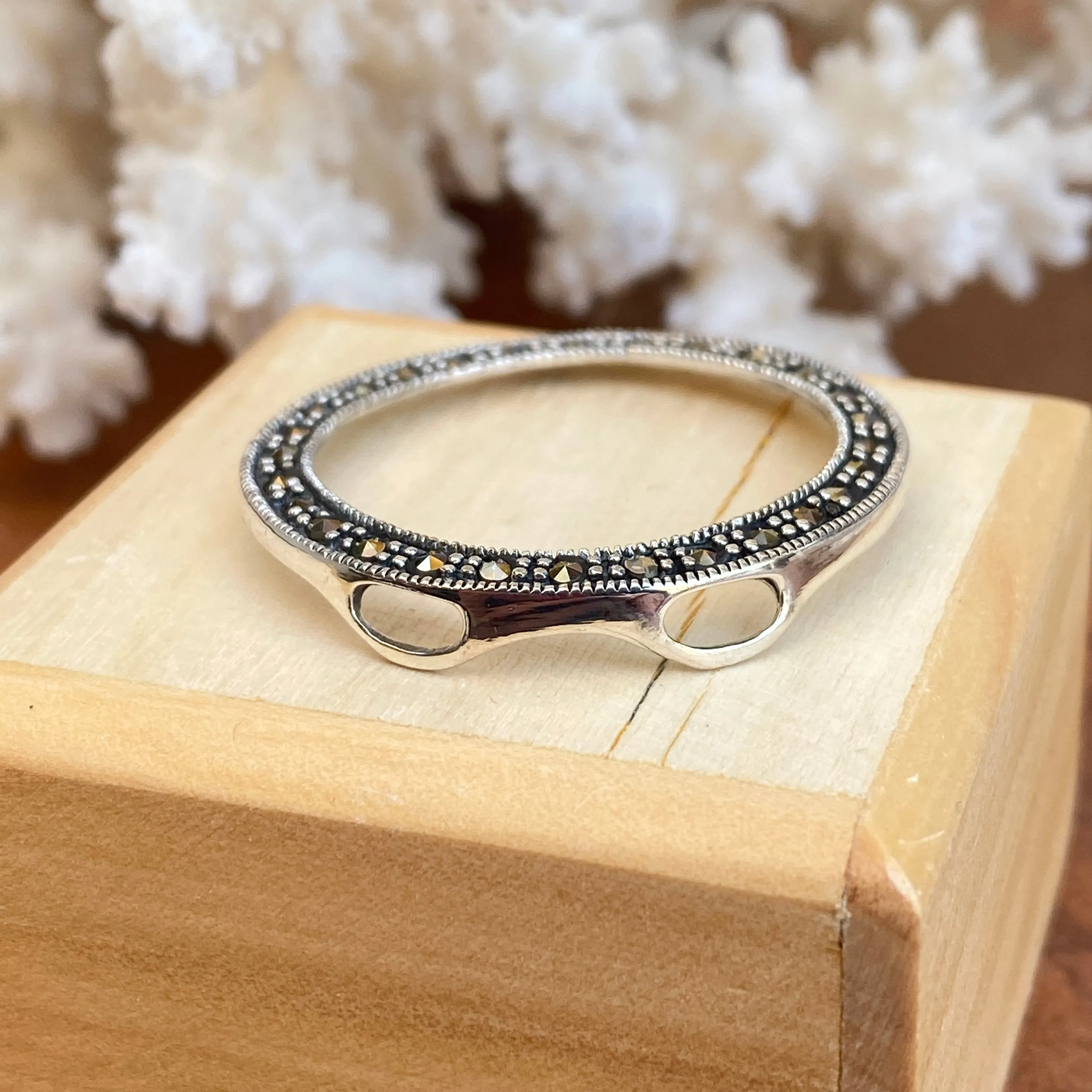 Sterling Silver Antiqued Black Marcasite Open Circle Pendant Slide