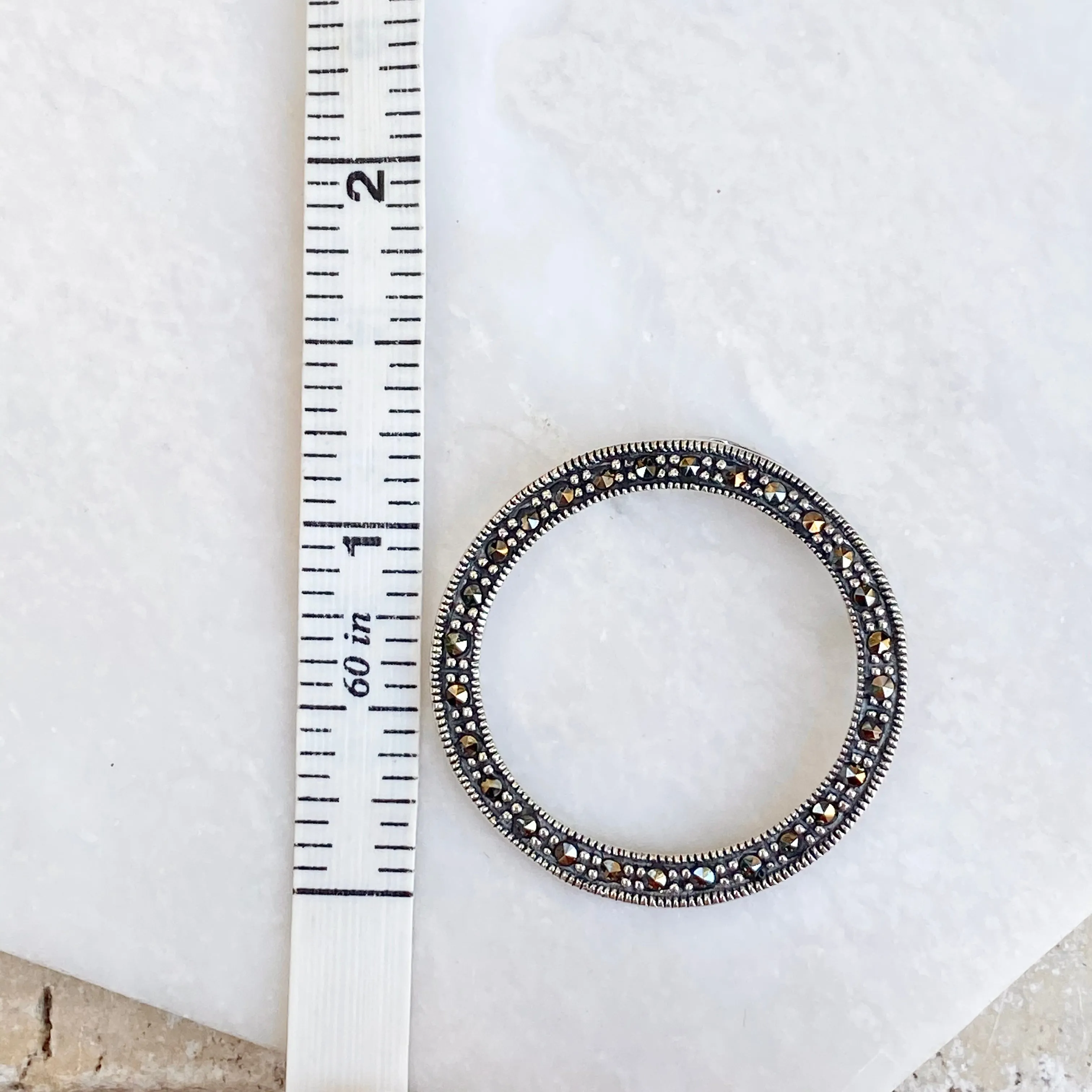 Sterling Silver Antiqued Black Marcasite Open Circle Pendant Slide