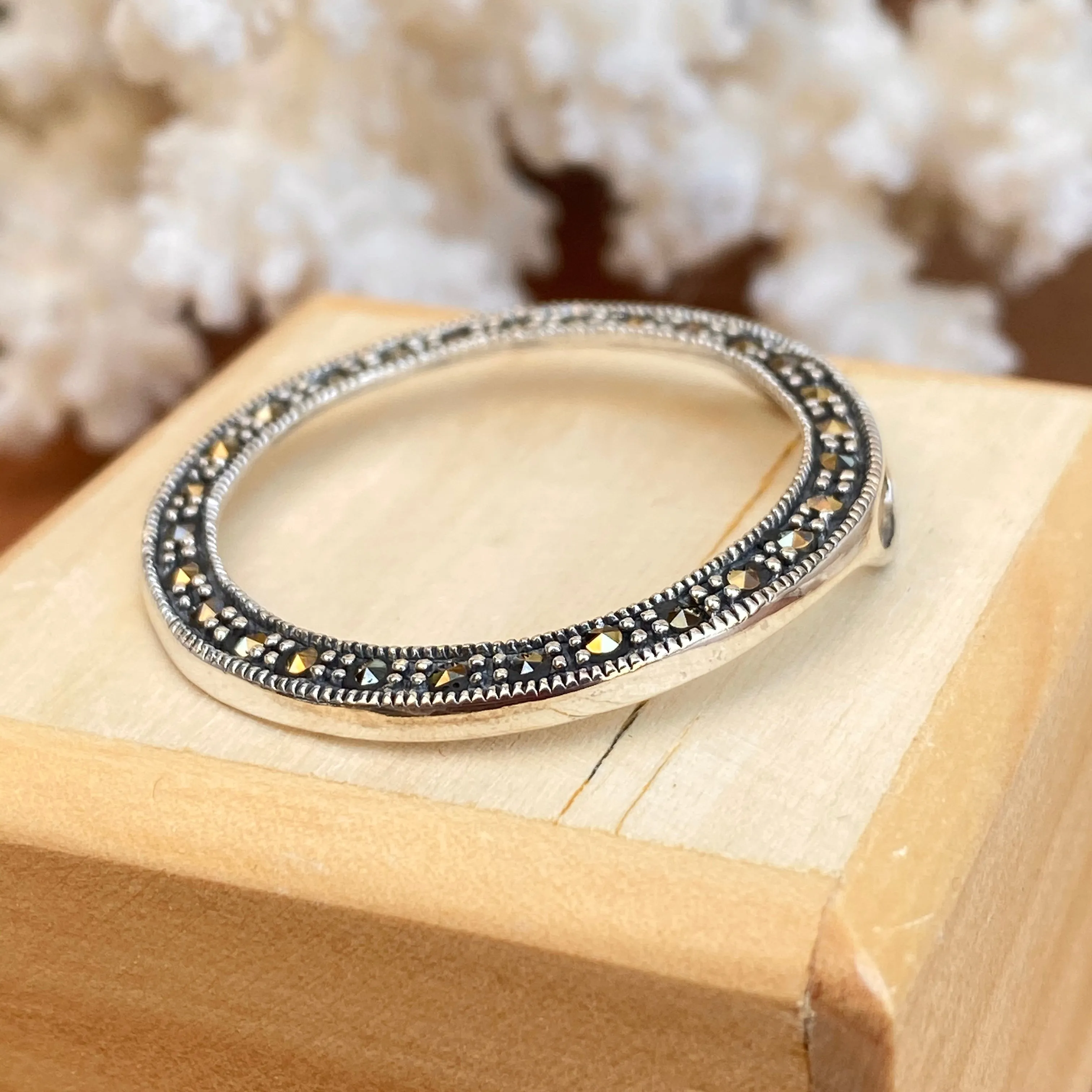 Sterling Silver Antiqued Black Marcasite Open Circle Pendant Slide
