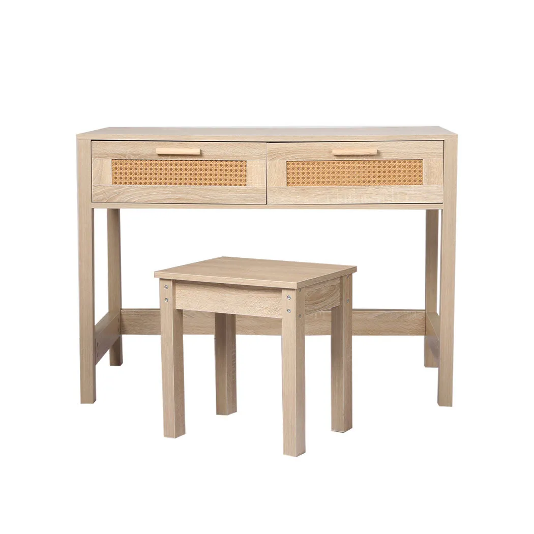 Table Set Rattan Wood Dressing Table Bedroom Desk Stool Home Office Desks