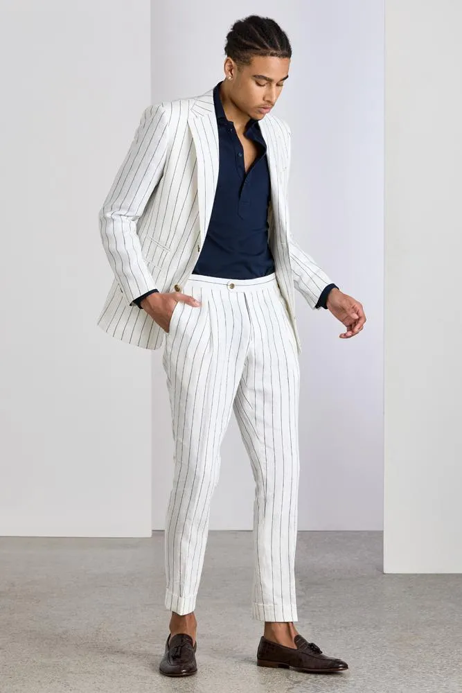 The Greyson Suit - White and Navy Pinstripe Linen