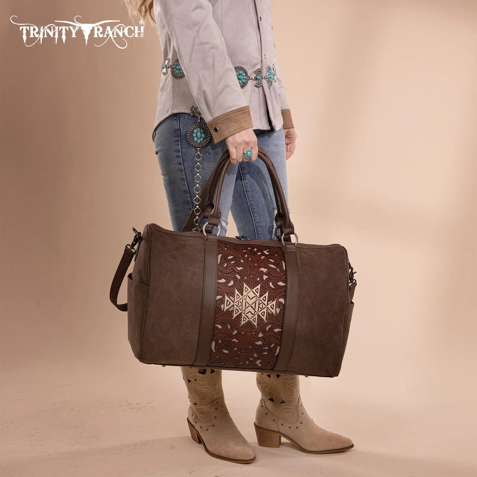 Trinity Ranch Floral Aztec Tooled Collection Weekender Bag Coffee