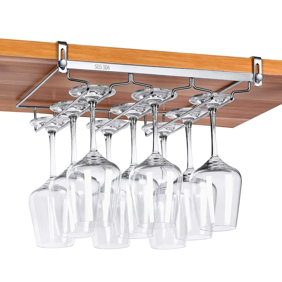 VOBAGA Stemware Racks 3 Rows Adjustable Stainless Steel Wine Glass Rack Stemware Hanger Bar Home Cup Glass Holder Dinnerware Kitchen Dining,Hold 9 Glasses