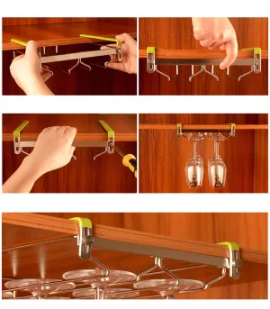 VOBAGA Stemware Racks 3 Rows Adjustable Stainless Steel Wine Glass Rack Stemware Hanger Bar Home Cup Glass Holder Dinnerware Kitchen Dining,Hold 9 Glasses