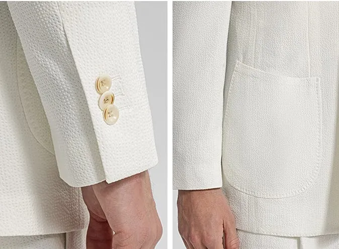 White 2 Piece Seersucker Double Breasted Notch Lapel Mens Suit