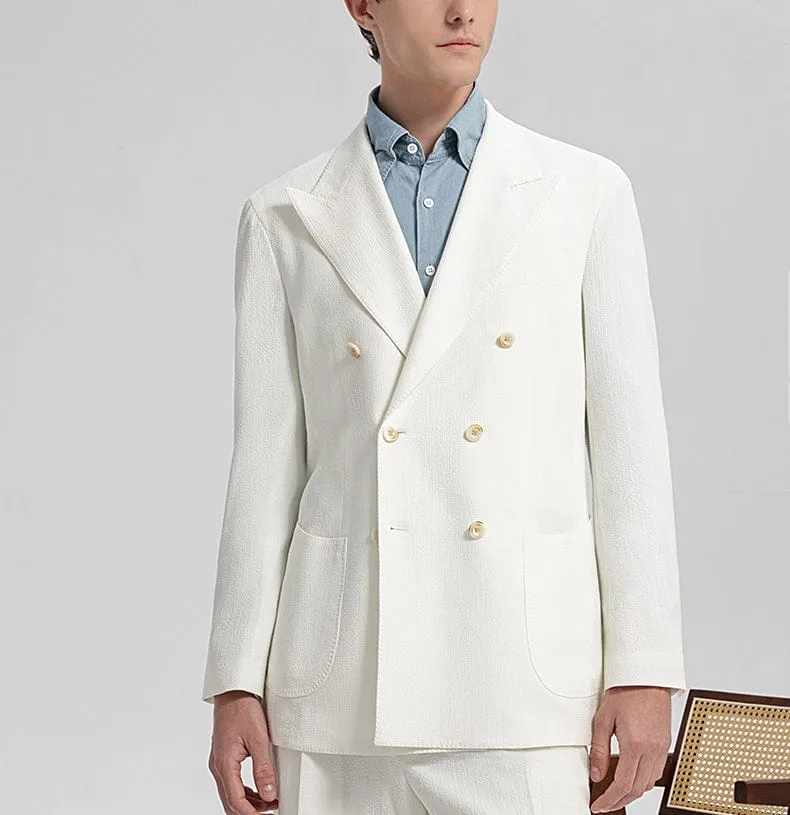 White 2 Piece Seersucker Double Breasted Notch Lapel Mens Suit