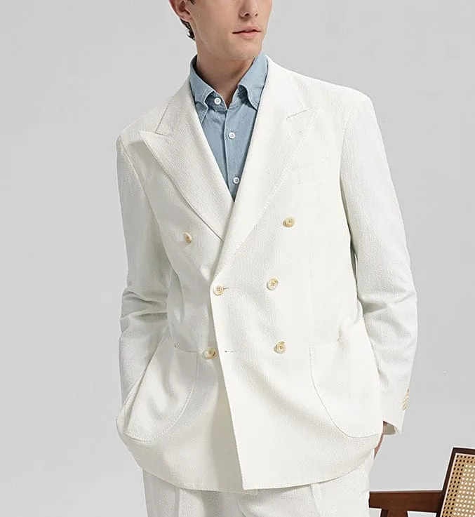 White 2 Piece Seersucker Double Breasted Notch Lapel Mens Suit