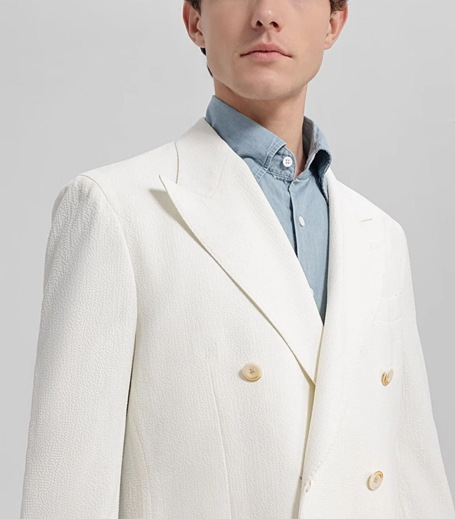 White 2 Piece Seersucker Double Breasted Notch Lapel Mens Suit