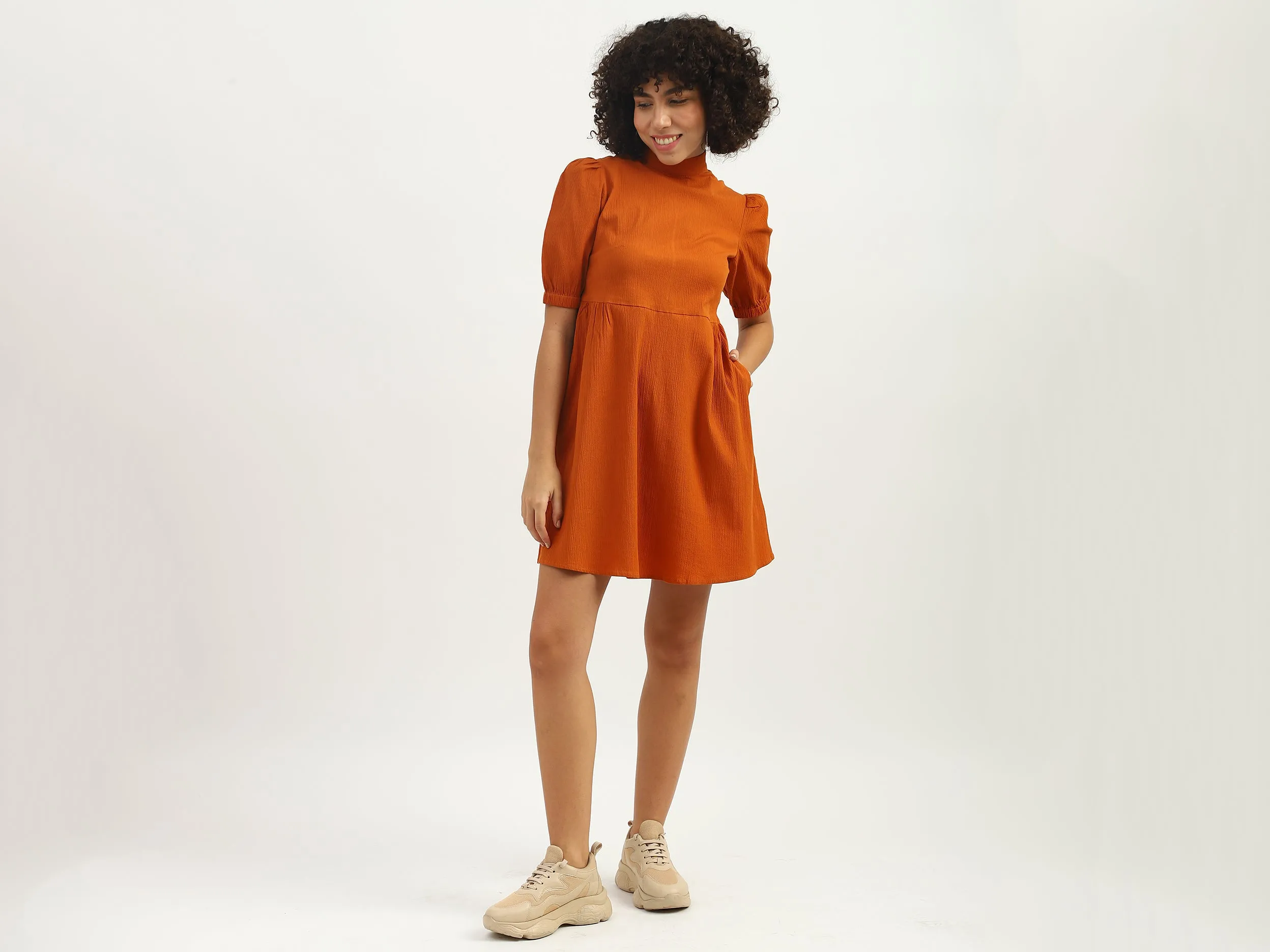 Women Solid High Neck Dress