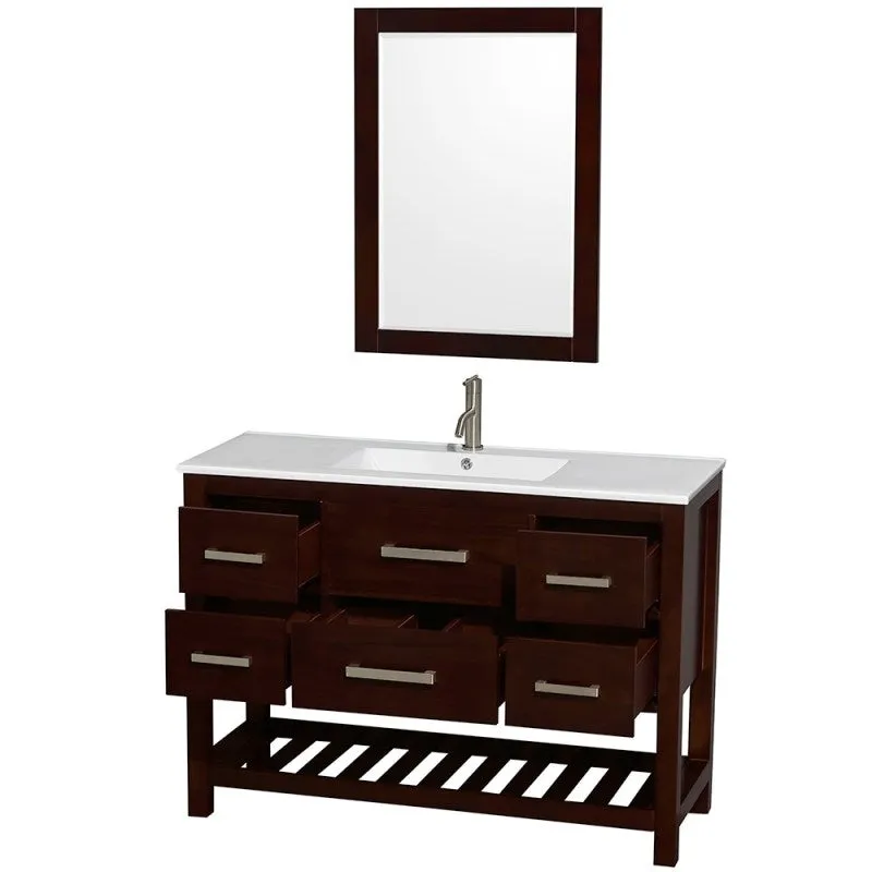 Wyndham Collection Natalie 48 in. Single Bathroom Vanity in Espresso, White Porcelain Countertop, Integrated Sink, and 24 in. Mirror WCS211148SESWPINTM24