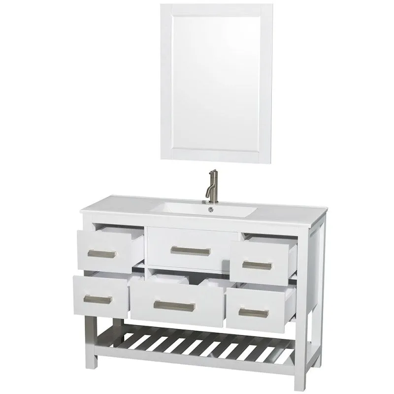 Wyndham Collection Natalie 48 in. Single Bathroom Vanity in White, White Porcelain Countertop, Integrated Sink, and 24 in. Mirror WCS211148SWHWPINTM24